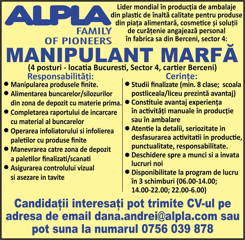 Manipulant marfuri productie cartier Berceni,